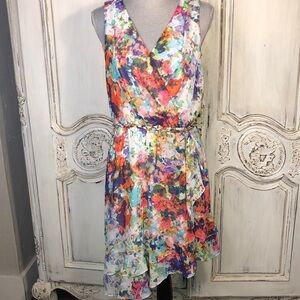 Thalia Sodi Sugar Coral Multi Color Faux Wrap Sleeveless Spring Dress Size Med.
